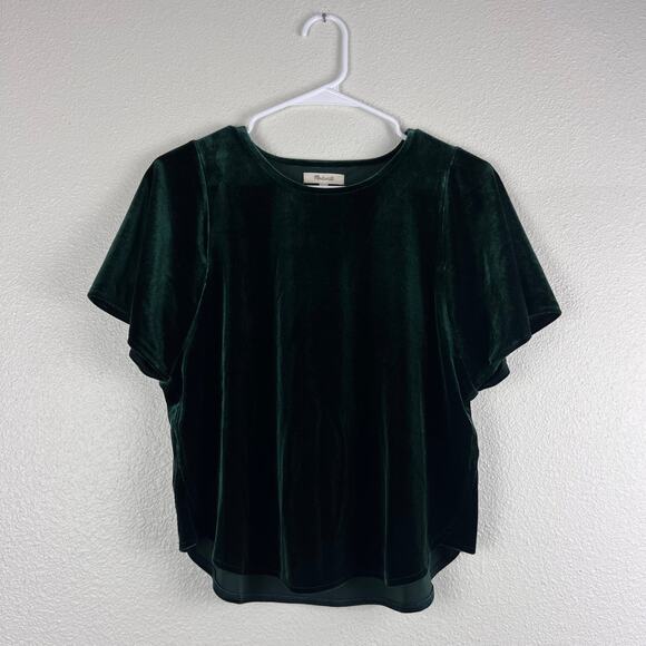 Madewell Dark Green Velvet Flutter Sleeve Loose Fit Top - Picture 4 of 7
